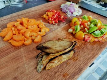 High angle view of chopped vegetables on table at home