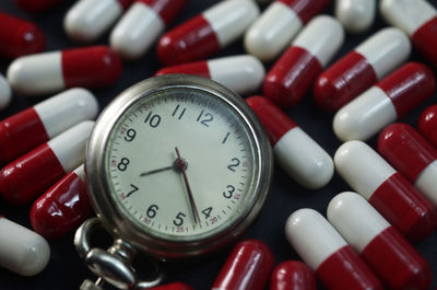 Close-up of stopwatch with capsules