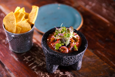 Close-up of salad in bowl on table