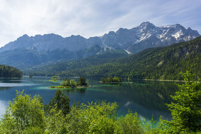 Scenic view of lake and mountains against sky