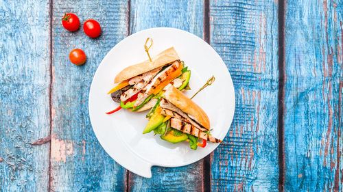 High angle view of food in plate on table