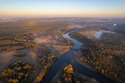High angle view of landscape against sky during sunset