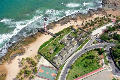 High angle view of city by sea