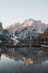 Scenic view of lake and snowcapped mountains against sky