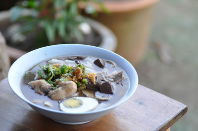 High angle view of food in bowl on table