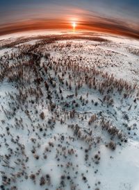 Close-up of snow covered landscape during sunset