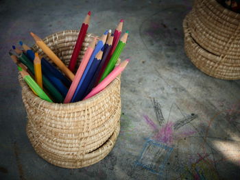 High angle view of colored pencils on table