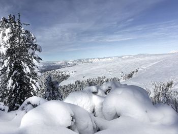 Snow covered landscape against sky