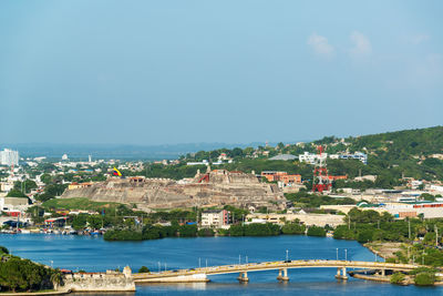 View of cityscape against blue sky