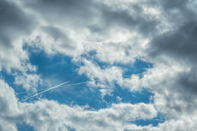 White clouds in the blue sky with jet plane