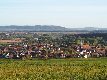 Scenic view of field by houses against sky