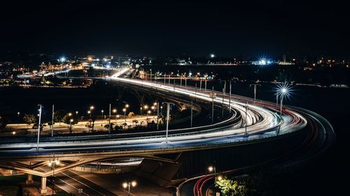 High angle view of illuminated bridge at night