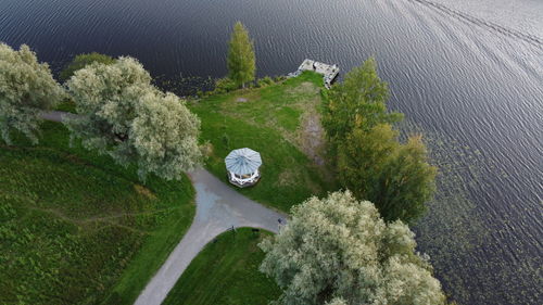 High angle view of road amidst trees