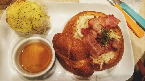 High angle view of breakfast served on table