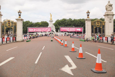 Traffic cones on road at buckingham palace during event