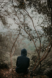 Rear view of woman sitting in forest