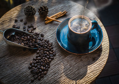 High angle view of coffee cup on table