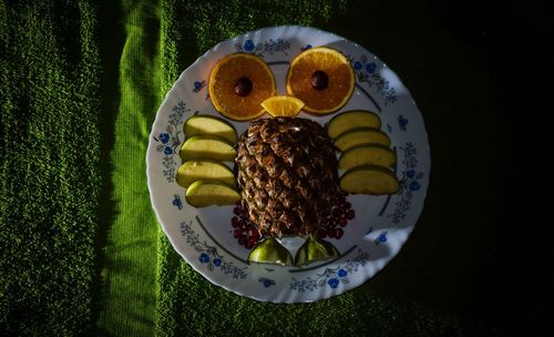 High angle view of food in plate on table