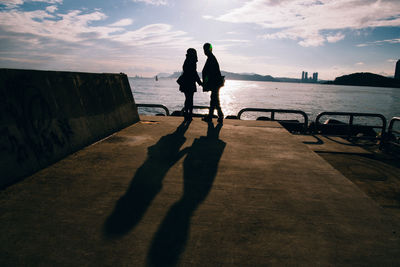 Silhouette friends on beach against sky