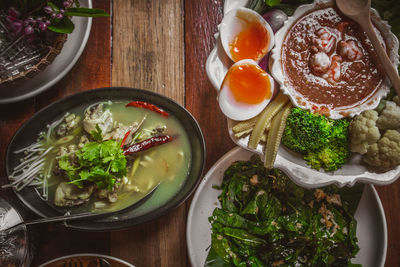 High angle view of meal served on table