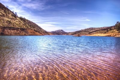 Scenic view of river with mountain in background