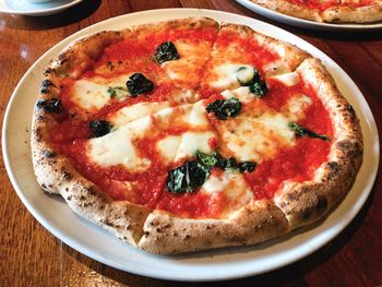 High angle view of pizza on table