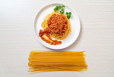 High angle view of food in plate on table