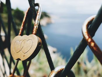 Close-up of padlocks on railing against blurred background