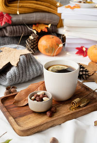 High angle view of cozy breakfast on table