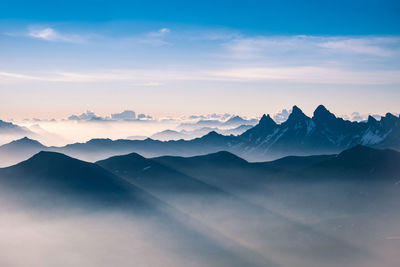 Scenic view of mountains against sky during sunset