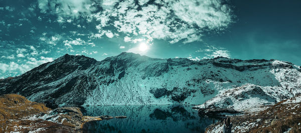 Panoramic view of snowcapped mountains against sky