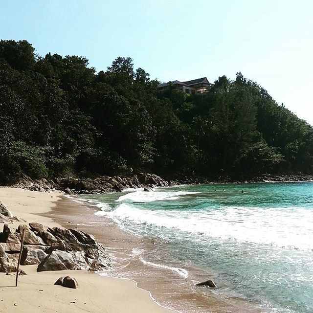 water, beach, sea, tree, shore, sand, clear sky, surf, scenics, beauty in nature, tranquil scene, wave, tranquility, nature, coastline, motion, rock - object, incidental people, day, idyllic