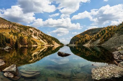 Scenic view of lake and mountains against sky