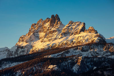 Scenic view of snowcapped mountains against clear blue sky