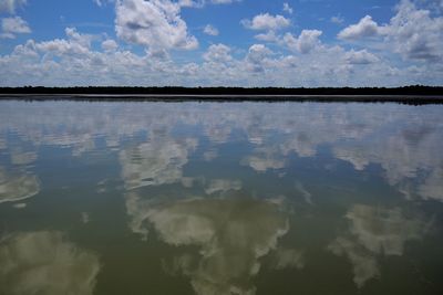 Scenic view of lake against cloudy sky