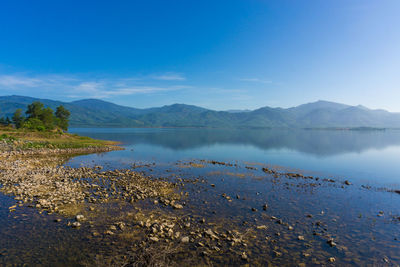 Scenic view of lake against blue sky