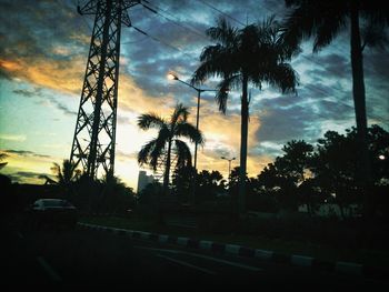 Silhouette of palm trees against cloudy sky