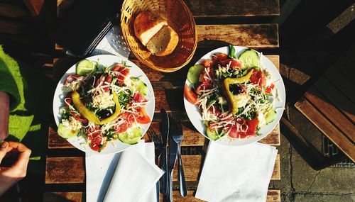 High angle view of meal served on table