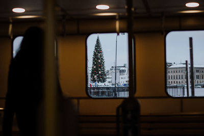 Train window in illuminated building