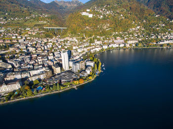 High angle view of buildings in city