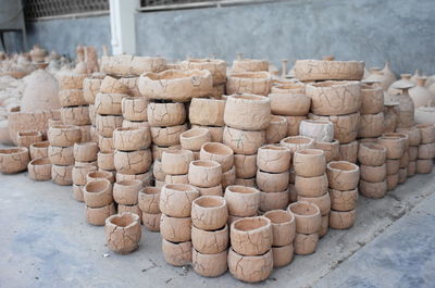 High angle view of stack of firewood