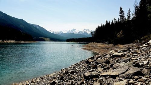 Scenic view of lake and mountains against clear sky