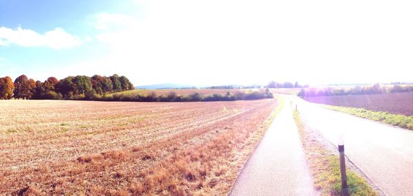 Panoramic view of fields against clear sky