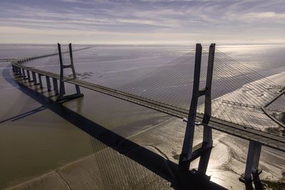 High angle view of suspension bridge against sky