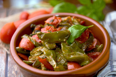 High angle view of salad in bowl on table