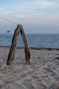 Driftwood on beach against sky