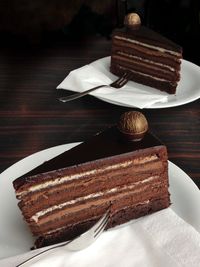 High angle view of cake in plate on table