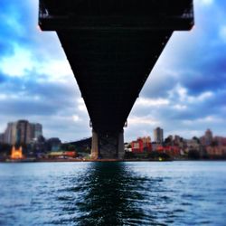 Bridge over river against cloudy sky