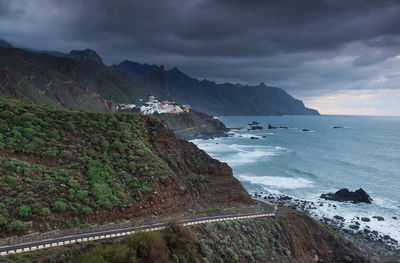 Scenic view of mountains by sea against cloudy sky