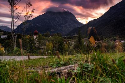 Scenic view of mountains against sky during sunset